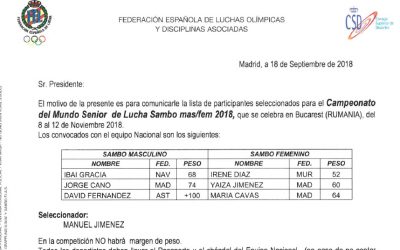 Yaiza Jimenez, María Cavas y Jorge Cano seleccionados para el campeonato del Mundo  de Sambo